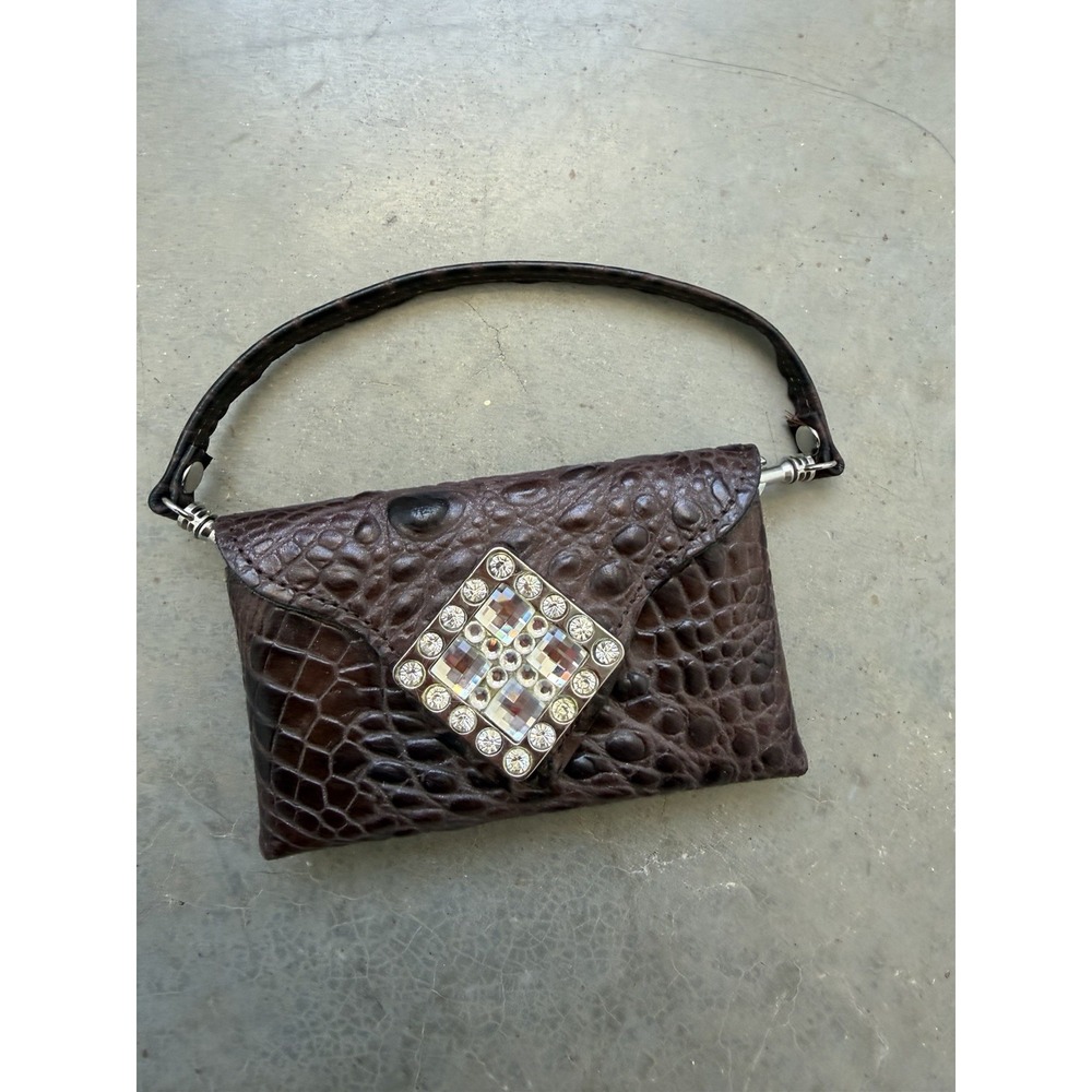 Raviani Made USA Brown Croc Embossed Leather Rhinestone Wristlet Belt Pouch